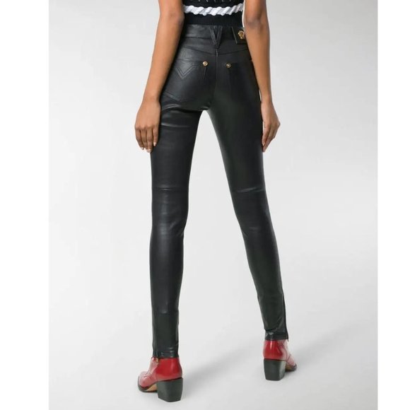 🎁 Versace Black High Waisted Skinny Leather Pants - Picture 5 of 14